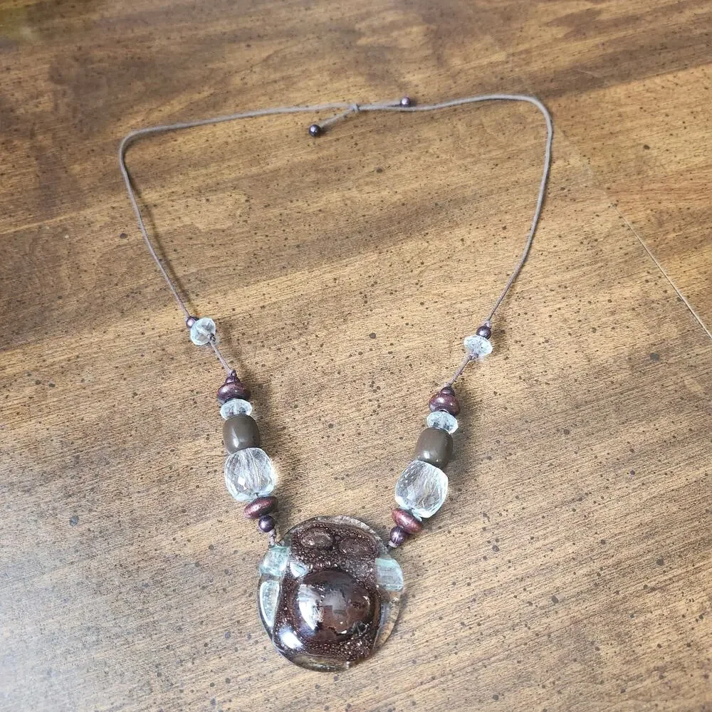 Brown Art Glass Pendant Wood Bead Cord Necklace Adjustable Boho Chunky‎